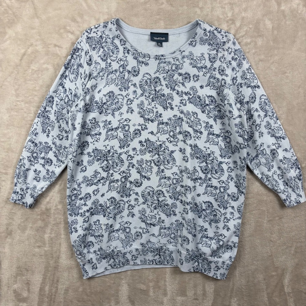 ModCloth Sweater Womens XL Blue Cat Floral Toile Print Crewneck Lightweight - Picture 1 of 8